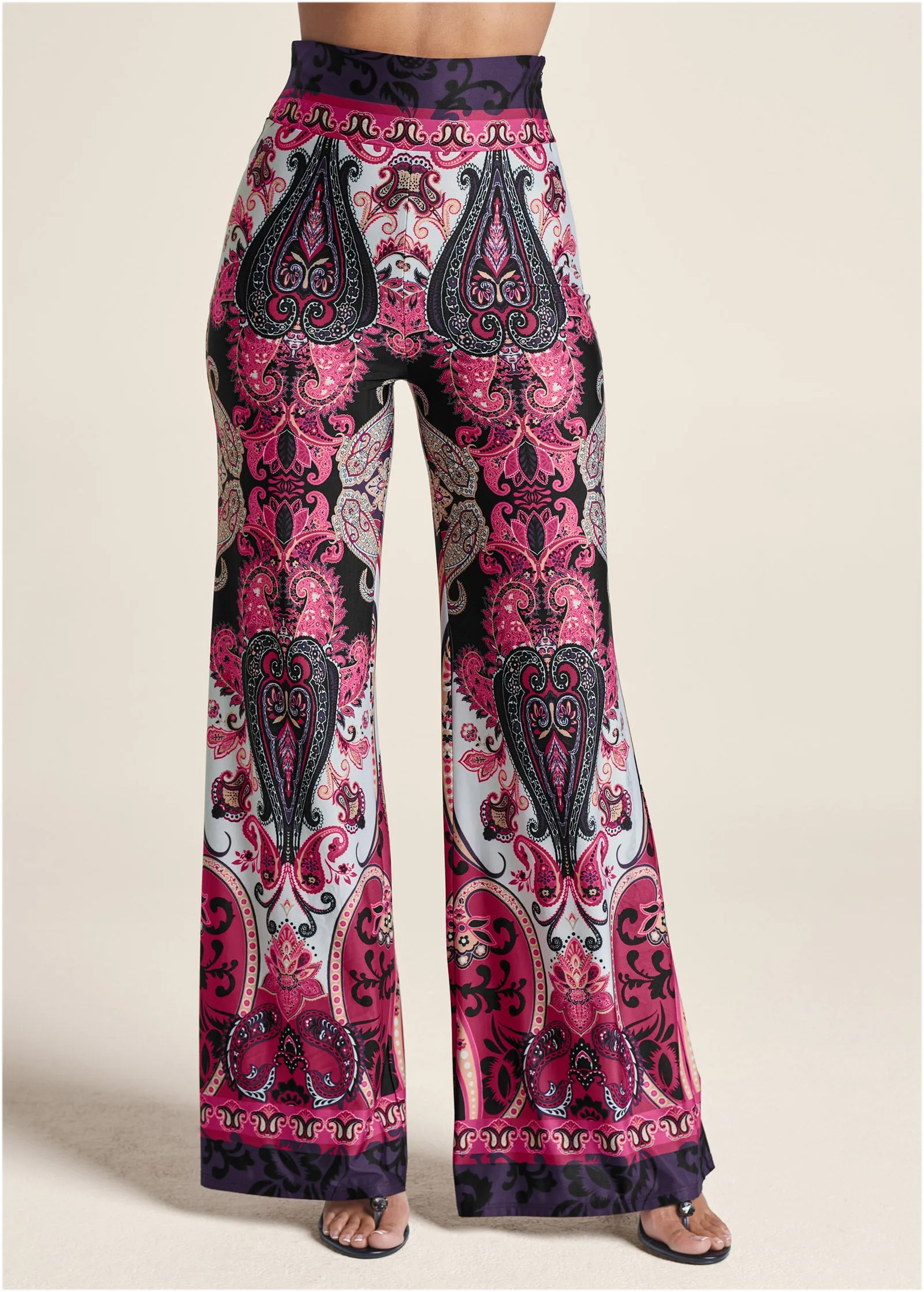 Wide Leg Paisley Print Pant - Pink Multi