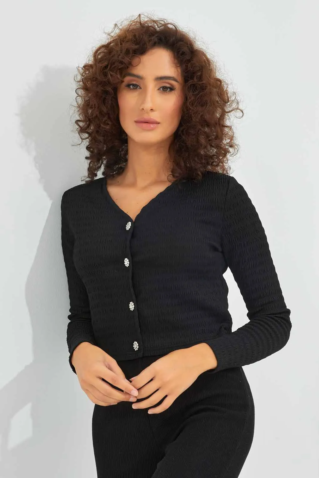 Women Black Front Button Crinkle Cardigan