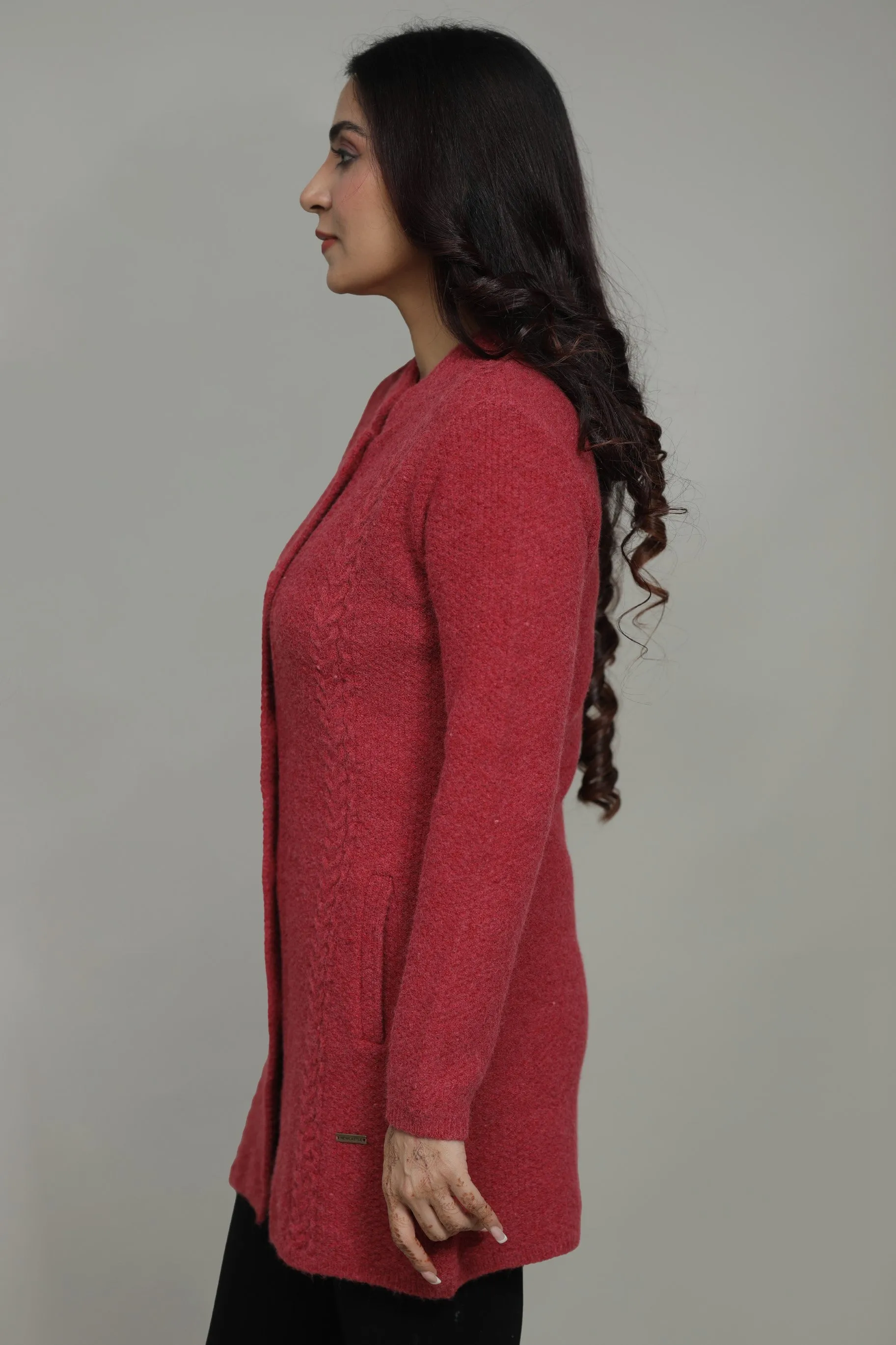 Women Knitted T-Neck Long Coat With Front Buttons