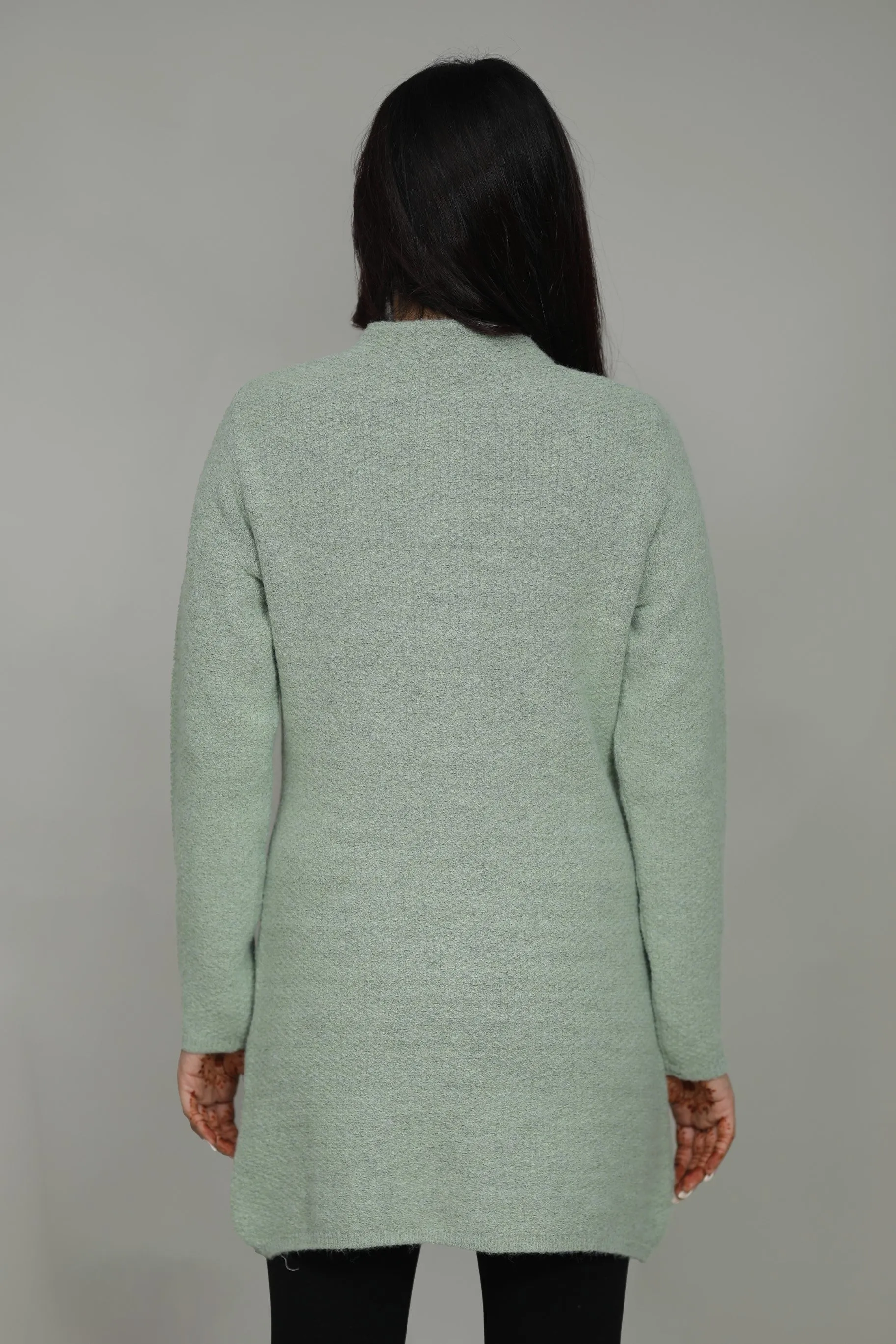 Women Knitted T-Neck Long Coat With Front Buttons