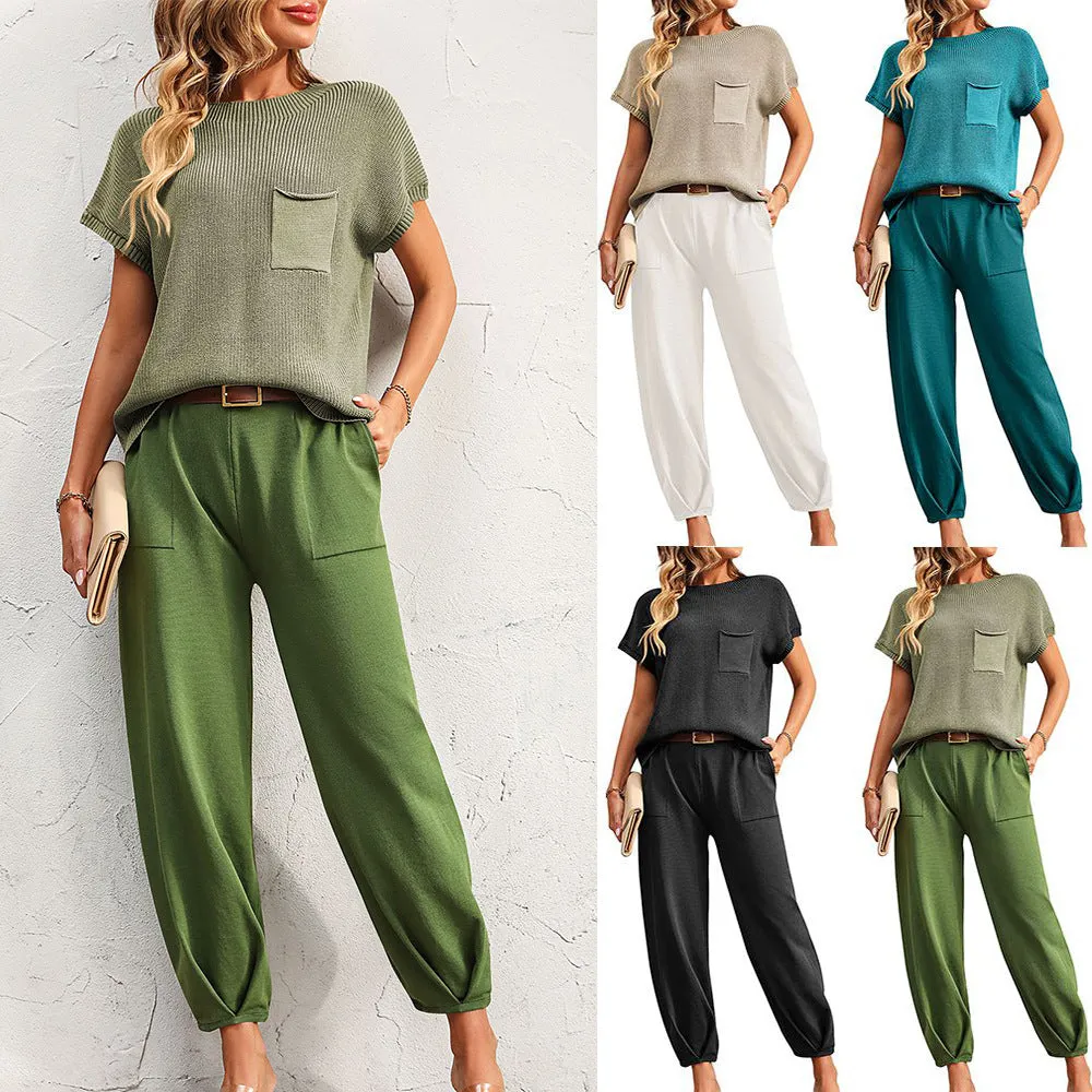 Women's Fashion Casual Short-sleeved Trousers | Home Wear Contrast Color Sweater Two-piece Suit