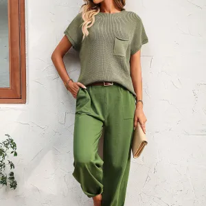 Women's Fashion Casual Short-sleeved Trousers | Home Wear Contrast Color Sweater Two-piece Suit