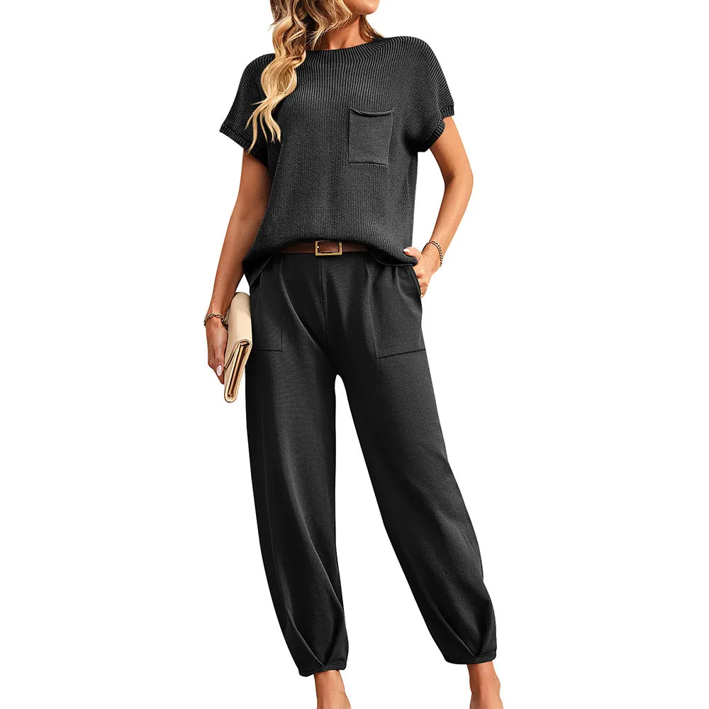 Women's Fashion Casual Short-sleeved Trousers | Home Wear Contrast Color Sweater Two-piece Suit