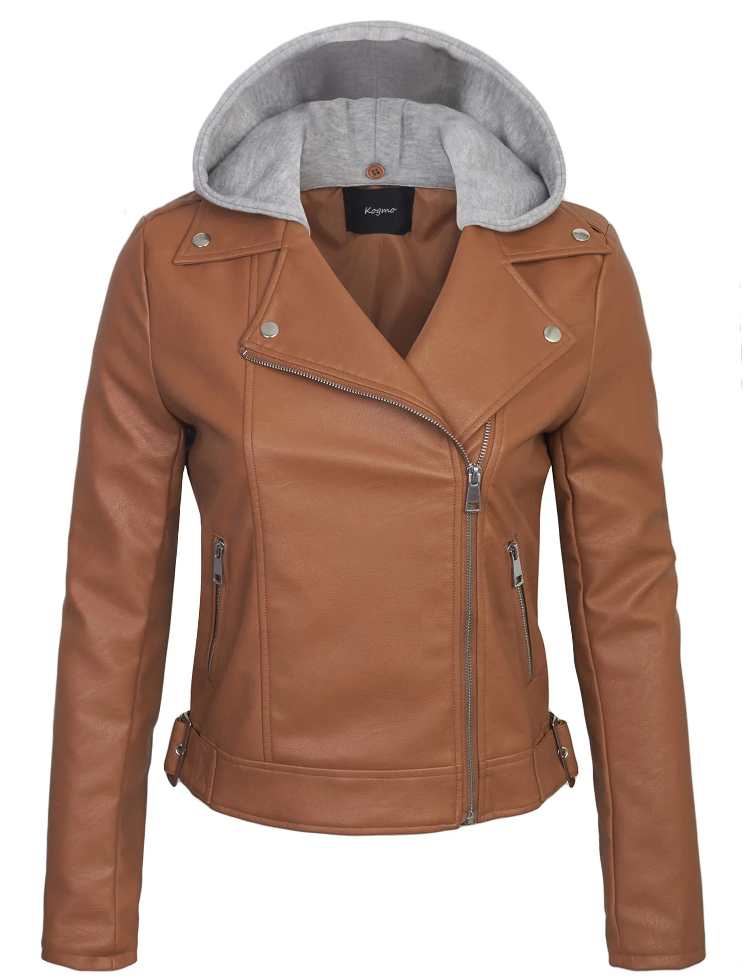 Womens Faux PU Leather Zip Up Double Breast MOTO Jacket with Hoodie