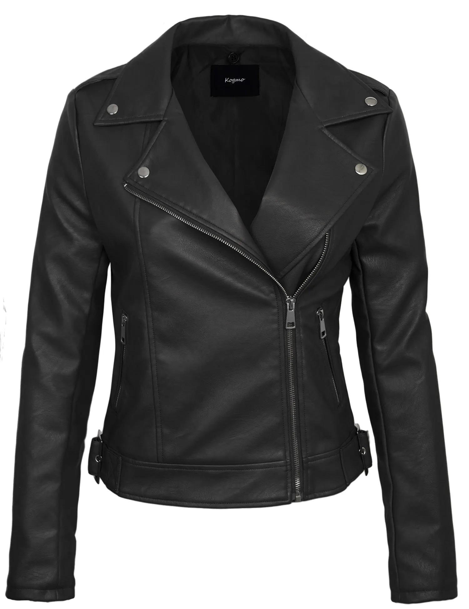 Womens Faux PU Leather Zip Up Double Breast MOTO Jacket with Hoodie