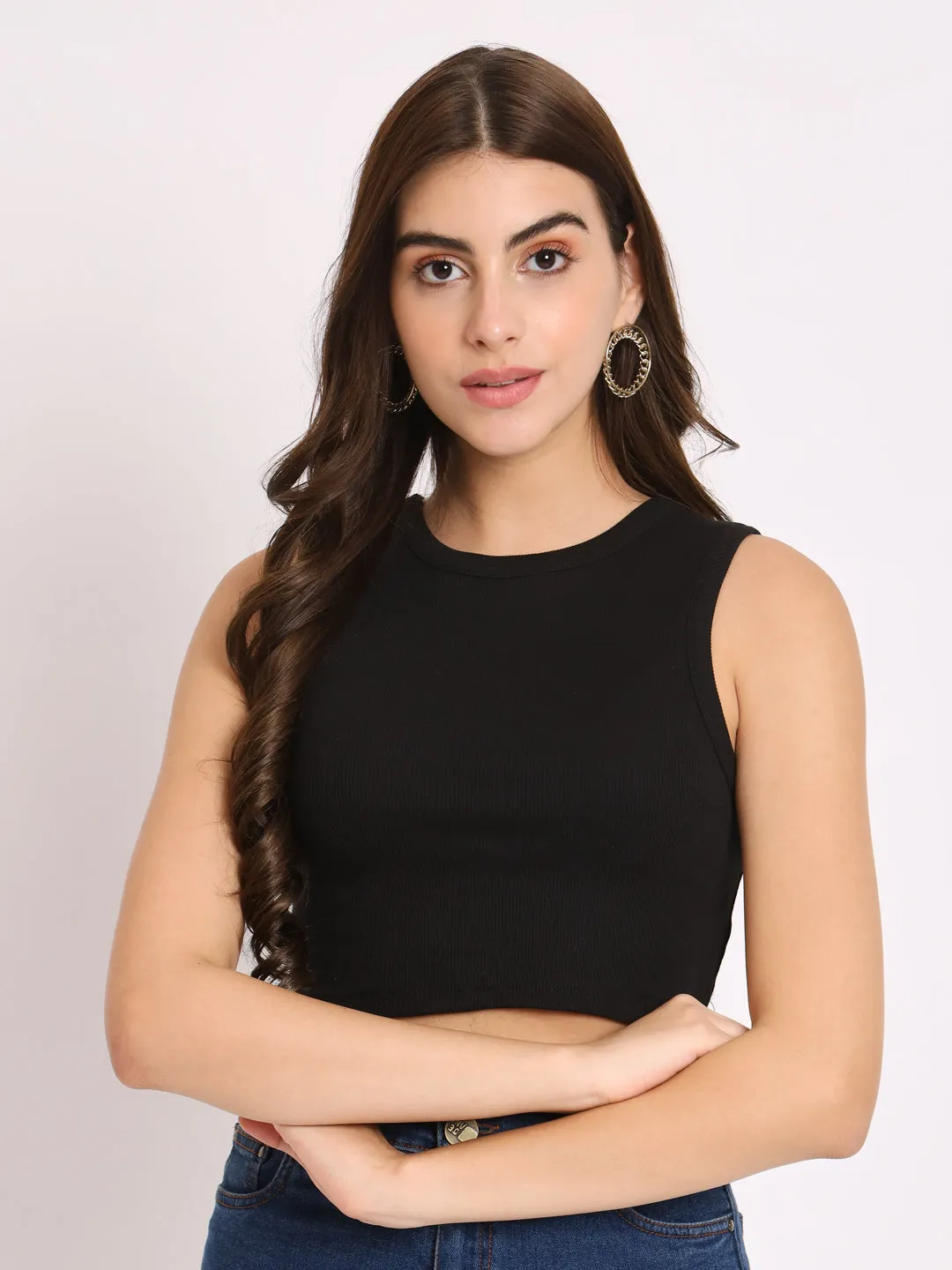 Women's Sleeveless Fitted Black Crop Top