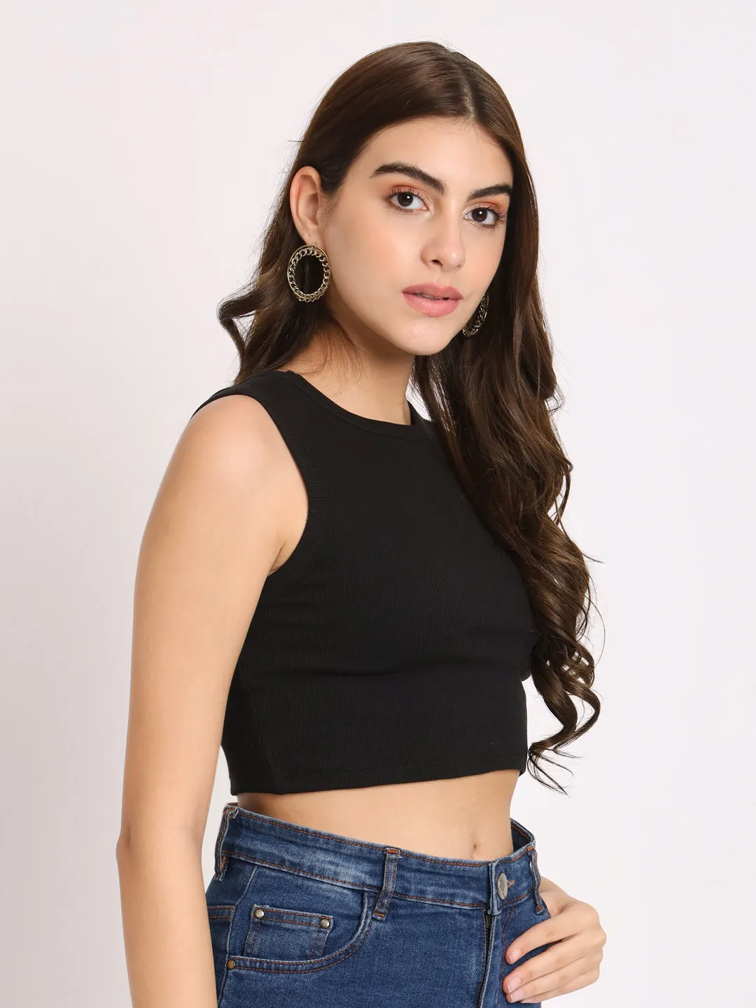 Women's Sleeveless Fitted Black Crop Top