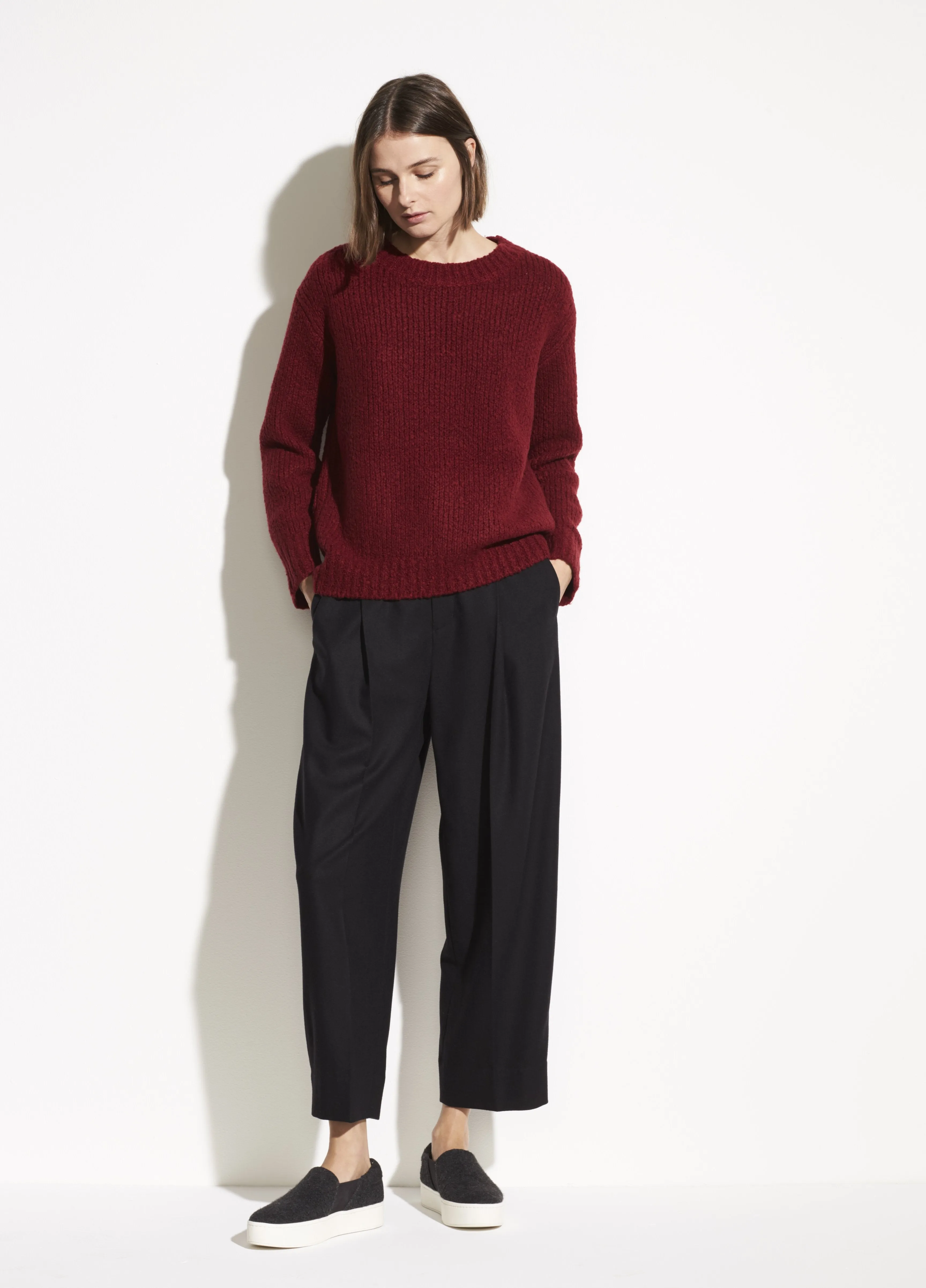 Wool Textured Knit Pullover in Merlot